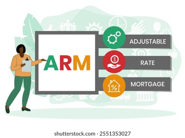 ARM - Taxa ajustável Mortgage. plano de fundo do conceito de negócios. conceito de ilustração de vetor com palavras-chave e ícones. ilustração de lettering com ícones para banner web, folheto, página inicial, apresentação