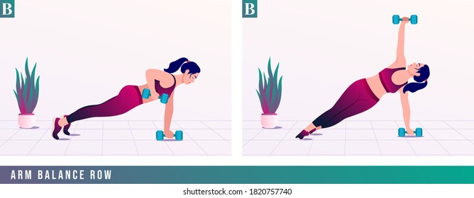 Arm Balance Row exercise, Women workout fitness, aerobic and exercises. Vector Illustration.	