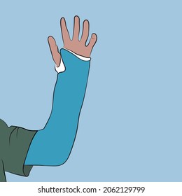 Arm with bandage and cast, colored background.