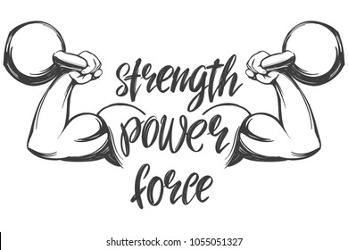 arm, bicep, strong hand holding a kettlebell icon cartoon calligraphic text symbol hand drawn vector illustration sketch