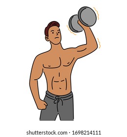 Arm, bicep, strong hand holding a dumbbell, icon cartoon hand drawn. Cartoon vector illustration