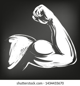arm, bicep, strong hand icon cartoon symbol hand drawn vector illustration sketch, drawn in chalk on a black Board