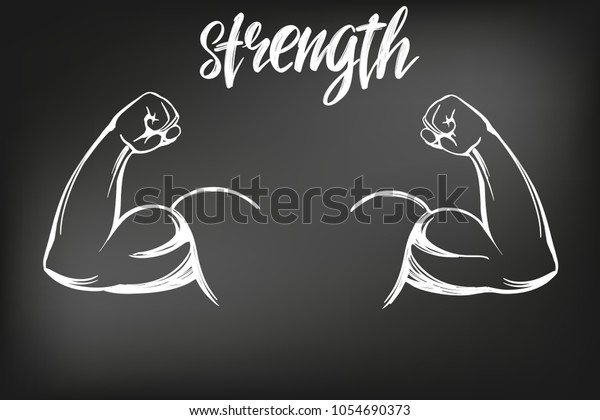 arm, bicep, strong hand icon cartoon calligraphic\
text symbol hand drawn vector illustration sketch, drawn in chalk\
on a black Board
