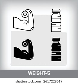 Arm building dumbbells and sports water bottle design. Simple linear and flat fitness weights icon set.