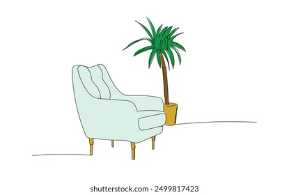 Arm chair and palm house plant single line vector illustration.  
Continuous one line drawing of armchair and house plant. Stylish furniture for the living room interior