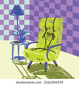 Arm chair with wall checkered wall background illustration with hand drawn and bold pop art style