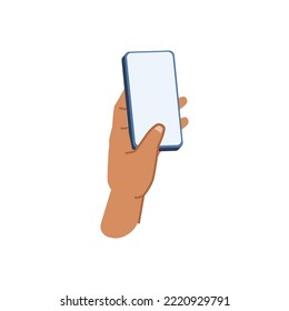 Arm of character using and holding smartphone. Isolated user texting or communicating via cell, empty or blank touchscreen with copy space. Vector in flat cartoon style