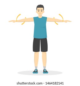 Arm circles exercise. Man in sport clothes doing warm-up before workout. Idea of fitness and healthy lifestyle. Isolated vector illustration in cartoon style