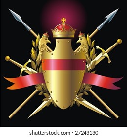 Arm, crown and spears.