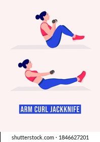 Arm Curl Jackknife exercise, Woman workout fitness, aerobic and exercises. Vector Illustration.