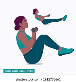 Arm Curl Jackknife exercise, Women workout fitness, aerobic and exercises. Vector Illustration.	
