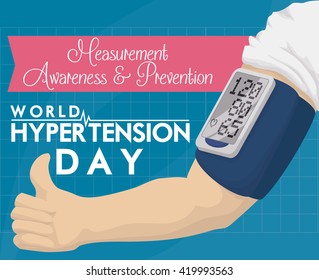 Arm with a digital sphygmomanometer and thumb up for a excellent measures, commemorating awareness in World Hypertension Day.