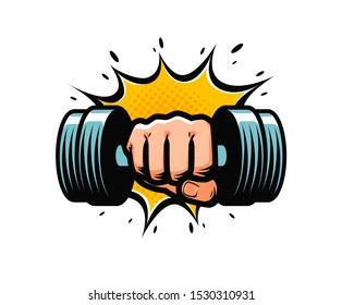 Arm with dumbbell. Gym club logo. Vector illustration