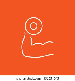 Arm with dumbbell line icon for web, mobile and infographics. Vector white icon isolated on red background.