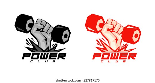 Arm with dumbbell, power symbols for body-building club.