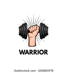 Arm With Dumbell. Warrior Inscription. Sport Symbol, Fitness Logo Label. Vector Illustration