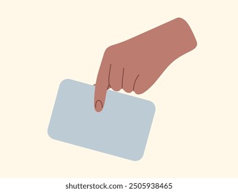 Arm with empty Paper sheet. Hand holding Blank Card. Showing promo advertising background with copy space. Flat Design illustration. Template for education business social media