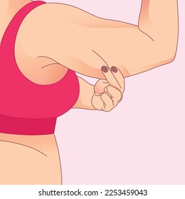 Brazo con exceso de piel, extracción de la piel holgada. transformación de la forma del cuerpo de la mujer, Grasa para adaptarse. 