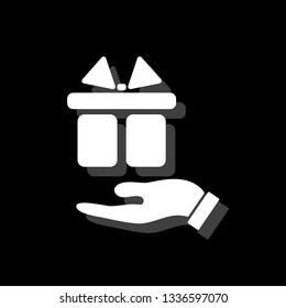 Arm of gift. White flat simple icon with shadow