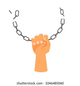 Arm, hand with broken chain in flat design, vector cartoon illustration isolated on white background