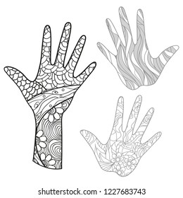 Arm. Hand drawn doodles with abstract patterns on isolation background. Design for spiritual relaxation for adults. Line art creation. Black and white illustration for coloring. Zentangle. Zen art