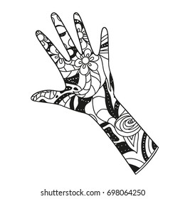 Arm. Hand drawn element with abstract patterns on isolation background. Design for spiritual relaxation for adults. Line art creation. Black and white illustration for coloring. Print for t-shirts