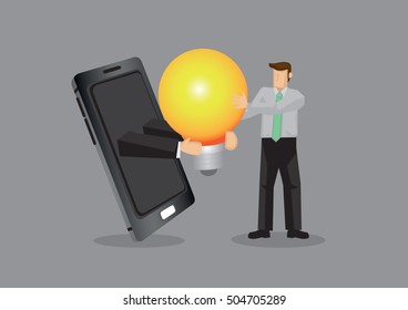 Arm in hand phone hands light bulb representing idea to cartoon professional businessman. Creative vector illustration for concept on using modern technology and business idea.