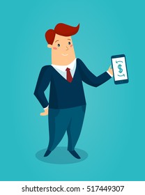 Arm in hand phone hands money to cartoon man. Creative vector illustration for concept on using modern technology to make money.