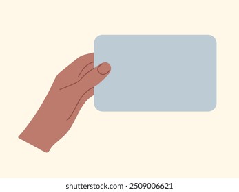 Arm holding Blank Paper sheet. Hand with empty Card. Showing information promo advertising background with copy space. Flat Design illustration. Template for education business social media