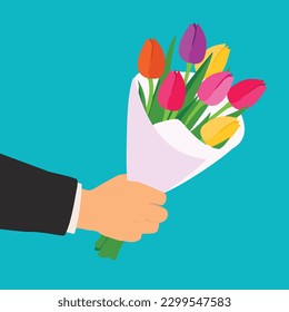 Arm holding colorful bouquet for woman. Pink, yellow, orange and purple tulip flowers present or surprise in man hand. Vector illustration