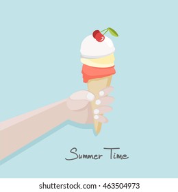 Arm holding an ice cream cone, summer vector flat design illustration, object