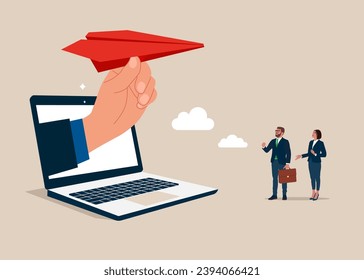 Arm holding origami airplane to throw and fly. Sending messages, mails with aircraft. Flat vector illustration