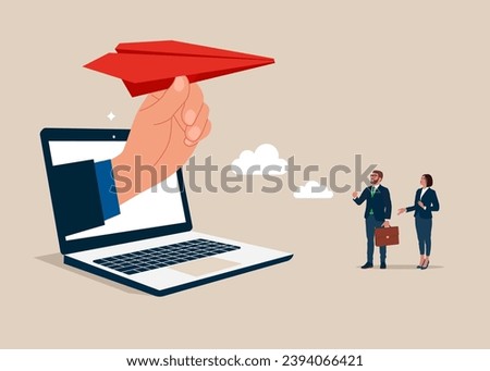 Arm holding origami airplane to throw and fly. Sending messages, mails with aircraft. Flat vector illustration