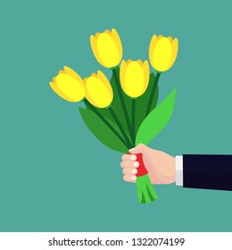 Arm holding vector colorful bouquet for woman. Yellow tulip flowers present or surprise in man hand vector illustration