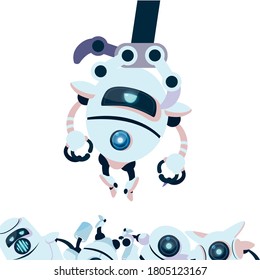 arm holding white robot cartoon of robotic technology futuristic toy future machine cyborg science android and fiction theme Vector illustration