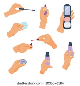 Arm holds a different make up. Holding hands with cosmetics. Vector illustration. Cartoon style.