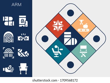 arm icon set. 13 filled arm icons. Included Sling, Bandaged finger, Chair, Fingerprint, Plastered arm, Fist, Bullets, Mechanical Makibishi icons