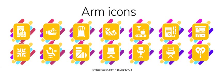 arm icon set. 14 filled arm icons. Included Fingerprint, Makibishi, Bandaged finger, Chair, Sling, Plastered arm, Mechanical Independence, Claw machine, Automaton icons