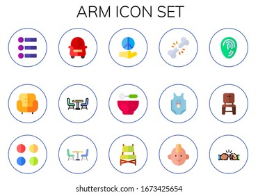 arm icon set. 15 flat arm icons. Included bullet, armchair, chair, peace, Punch, broken bone, body, fingerprint, ammunition, punk, fist icons