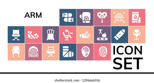  arm icon set. 19 filled arm icons. Simple modern icons about  - Bullets, Chair, Fingerprint, Sling, Plastered arm, Bandaged finger, Mechanical Bullet, Boxing gloves, Automaton