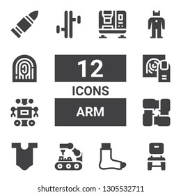 arm icon set. Collection of 12 filled arm icons included Chair, Broken leg, Robot arm, Body, Arms, Robot, Fingerprint, Tonfa, Bullet, Press machine