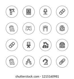 Arm icon set. collection of 16 outline arm icons with bandage, chair, boxing gloves, hand grip, fingerprint, rivalry, robot arm icons.