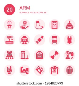 arm icon set. Collection of 20 filled arm icons included Chair, Robot, Broken leg, Wanted, Robotic arm, Bullet, Body, Strength, Fingerprint, Broken bone, Robot arm, Maloik,