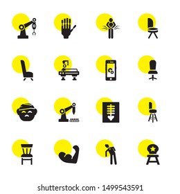 arm icons. Editable 16 arm icons. Included icons such as Chair, Stretching, Arm, Skeleton, Industrial robot, Injured, Automaton, Robotic Pain, Mechanical arm. trendy icons for web.