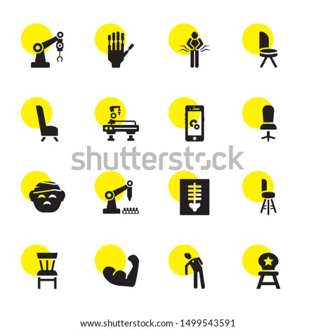 arm icons. Editable 16 arm icons. Included icons such as Chair, Stretching, Arm, Skeleton, Industrial robot, Injured, Automaton, Robotic Pain, Mechanical arm. trendy icons for web.