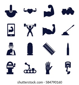 arm icons set. Set of 16 arm filled icons such as muscle, heart with muscles, power lifter, robot, bullet, ammo