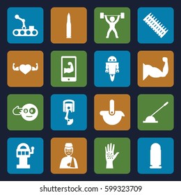 arm icons set. Set of 16 arm filled icons such as head bang emot, muscle, heart with muscles, power lifter, robot, bullet, ammo