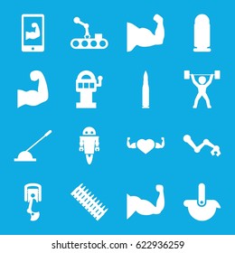 Arm icons set. set of 16 arm filled icons such as muscle, heart with muscles, power lifter, robot, bullet, ammo