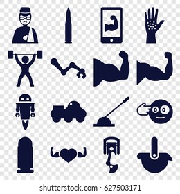 Arm icons set. set of 16 arm filled icons such as head bang emot, muscle, heart with muscles, power lifter, robot