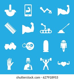 Arm icons set. set of 16 arm filled icons such as head bang emot, muscle, heart with muscles, power lifter, robot, bullet